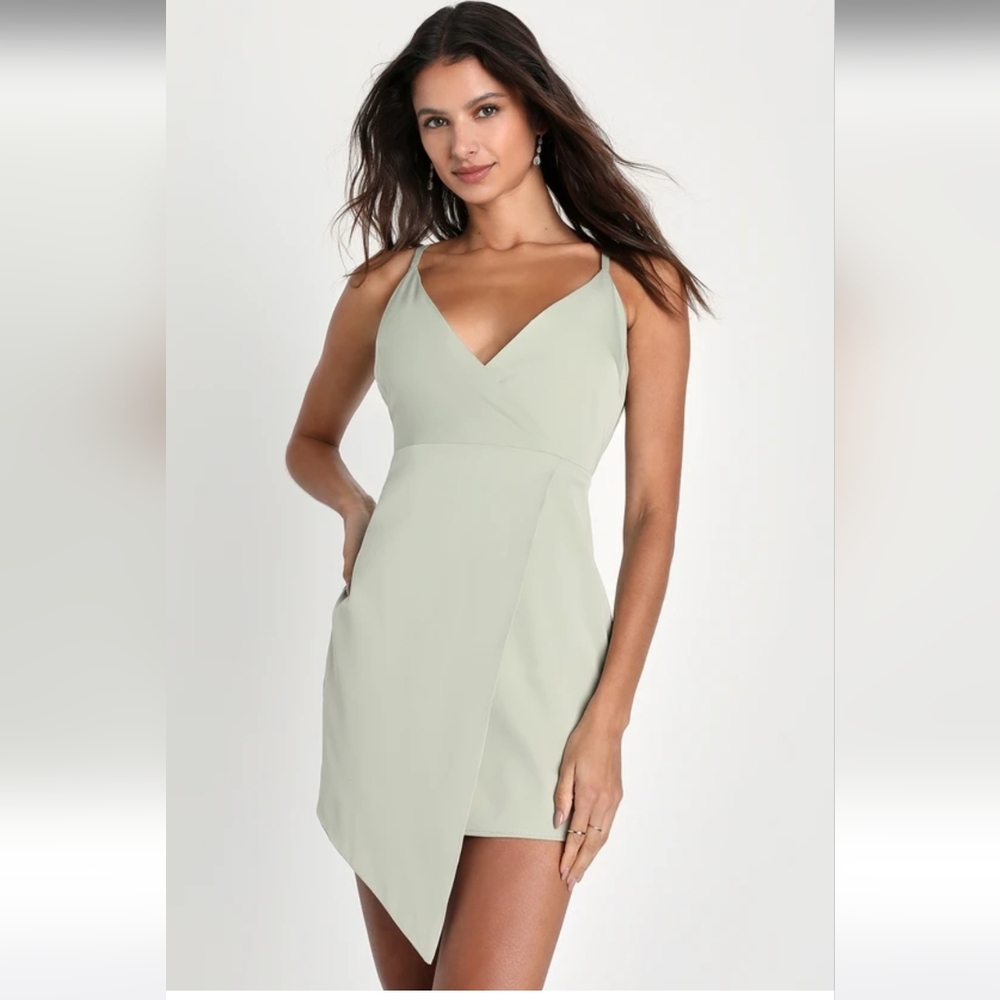 LULUS What a Stunner Sage Green Satin Asymmetrical Mini Dress Adj Straps SM NWT
